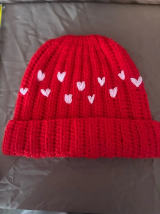 Handmade Crochet ribbed Beanie Hat with White Heart Accents - Picture 3 of 4